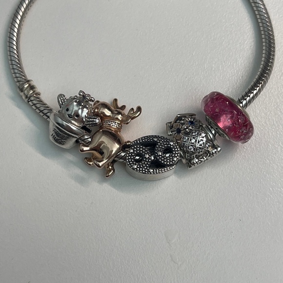 Pandora 925 silver bracelet with 5 charms reindeer owl free hugs cactus cancer - Picture 3 of 9